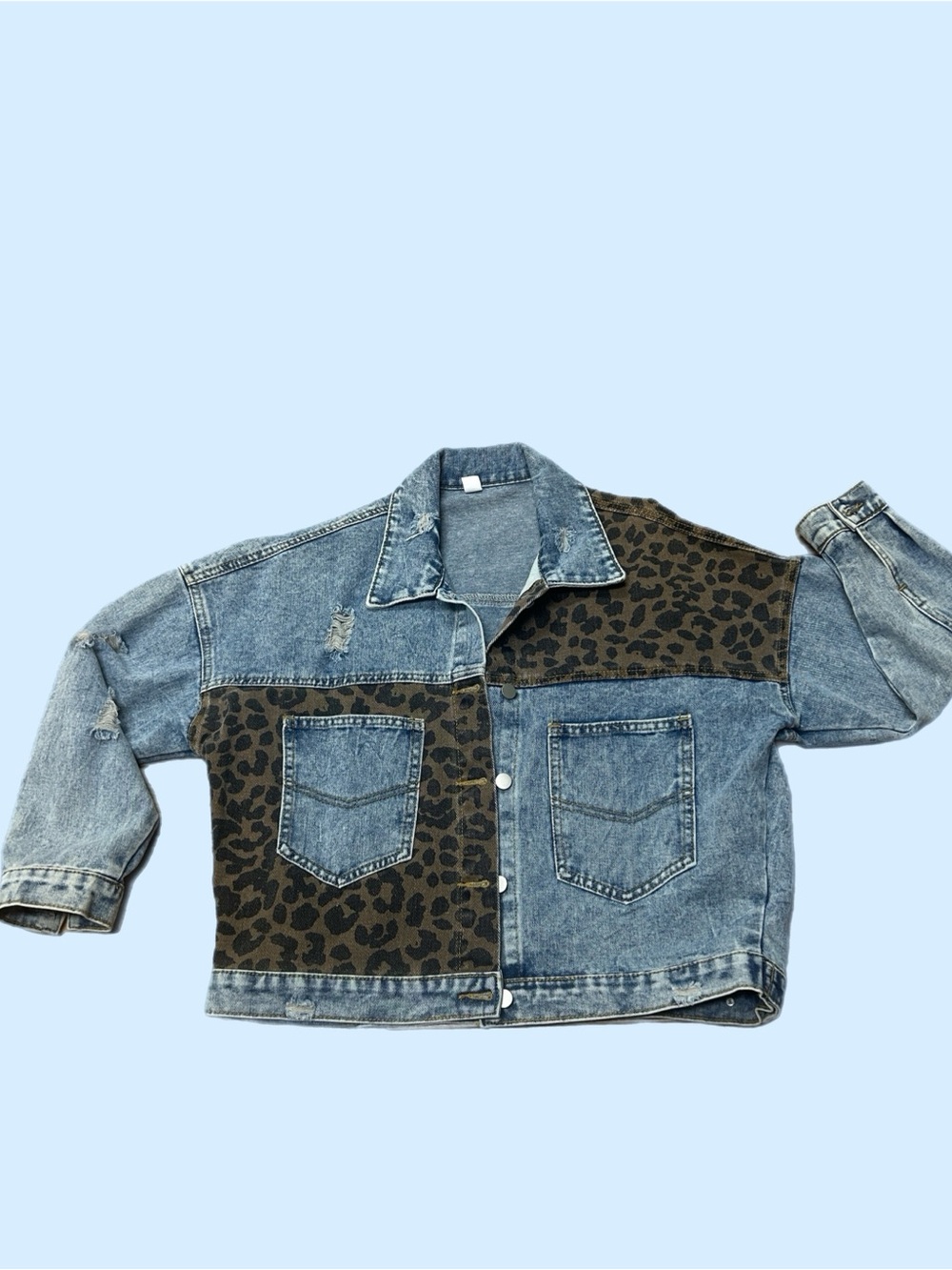 Leopard Patchwork Blue Denim distressed Jacket - Women